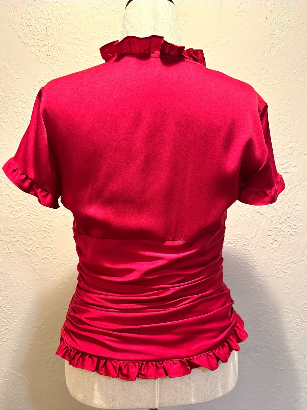 Silk ANTONIO MELANI Ruby Red Ruffled Ruched V-Neck Blouse - Picture 2 of 10